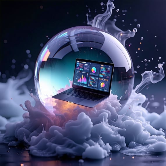 retrowave A crystal ball floats in midair its surface shimmering with a soft iridescent glow Inside the ball a sleek modern laptop is suspended its screen displaying colorful graphs and data related to website visitor statistics The laptops keyboard